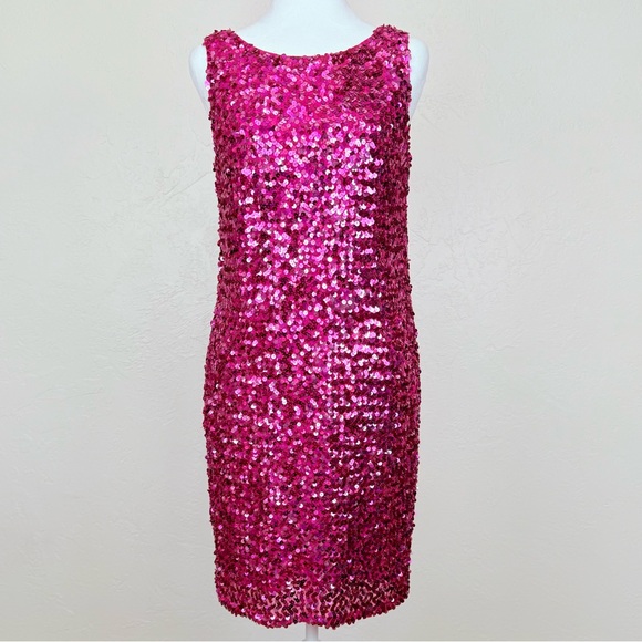 Vintage Dresses & Skirts - Vintage 1980s Night Line Silk Barbie Pink Sequin Sleeveless Dress Size 10 M